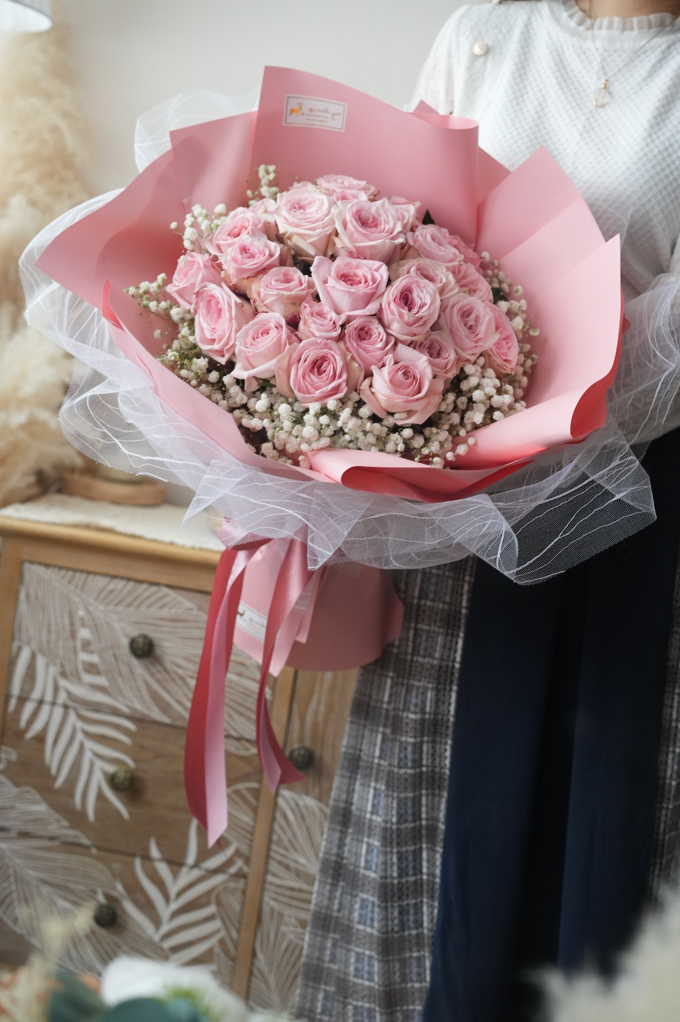 FQ002- 28枝粉色庭園玫瑰花束|生日花束|週年紀念花束