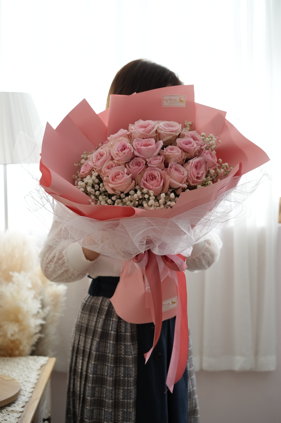 V003 - 鮮花花束 28枝粉色庭園玫瑰花束|情人節花束|週年紀念花束