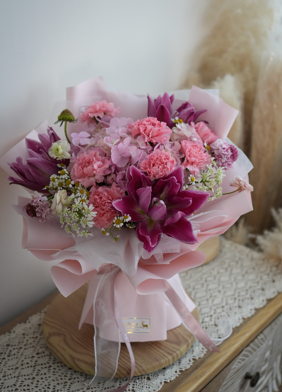FQ038 - “Lily" 百合粉色繡球花束|生日花束|週年紀念花束|升職榮休花束
