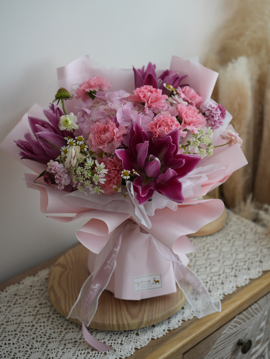 FQ038 - “Lily" 百合粉色繡球花束|生日花束|週年紀念花束|升職榮休花束
