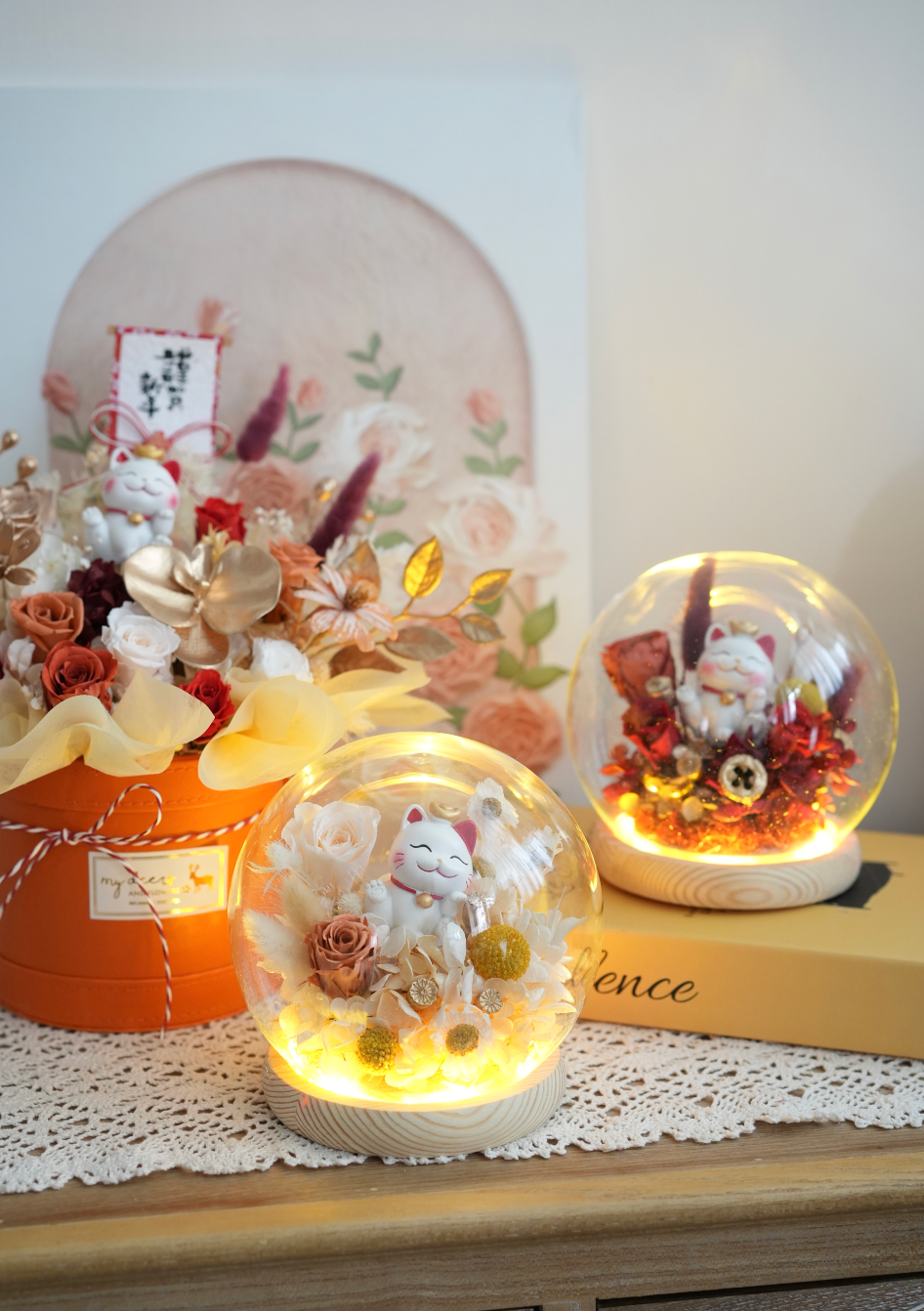 PO007- 招財貓黃金色保鮮花玻璃罩