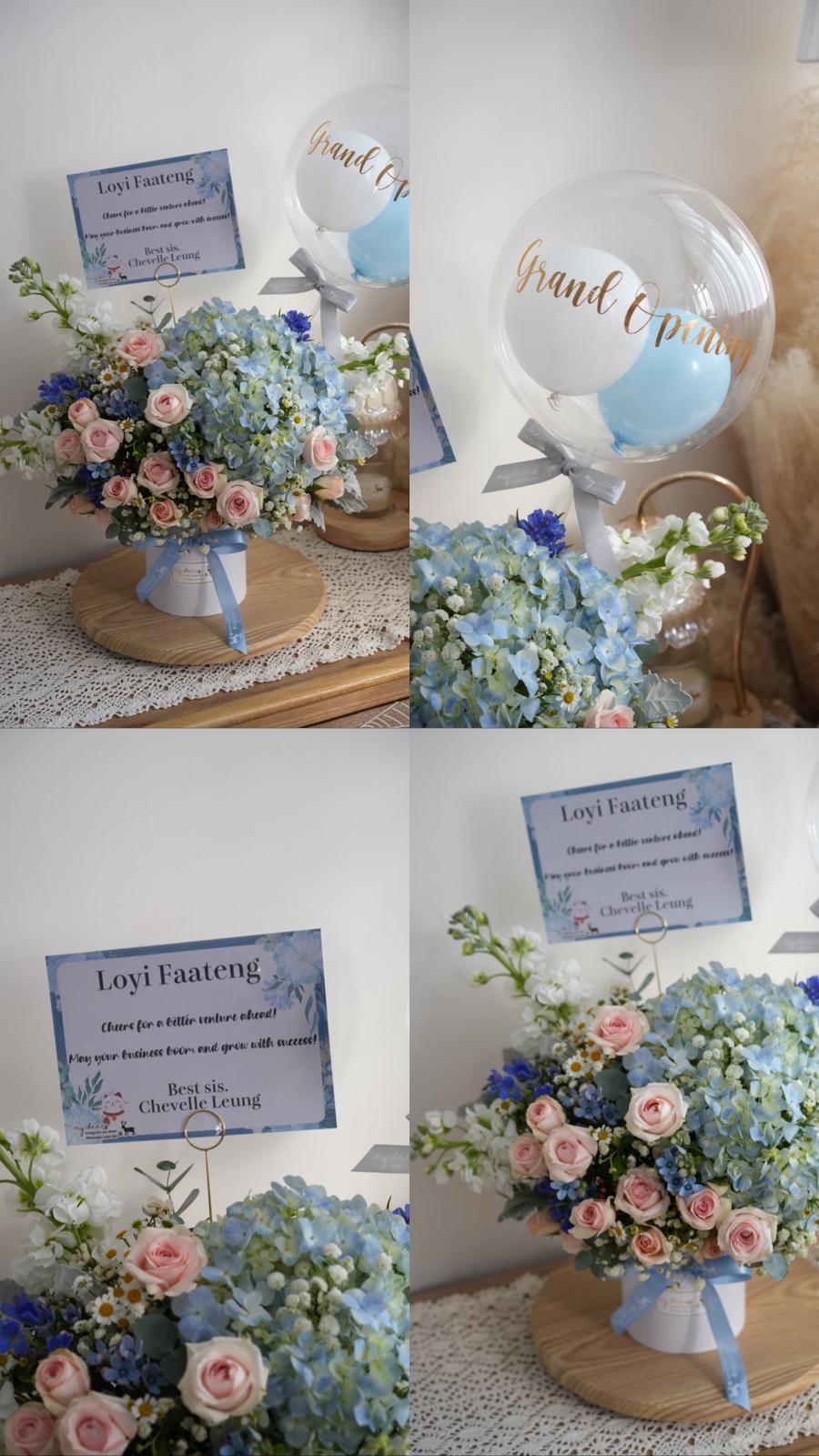 FX001 - 天藍色繡球粉色小玫瑰鮮花盒