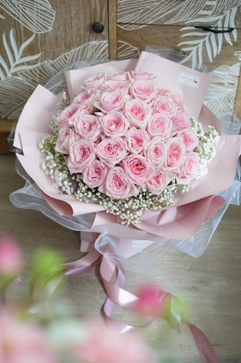 V003 - 鮮花花束 28枝粉色庭園玫瑰花束｜情人節花束｜週年紀念花束