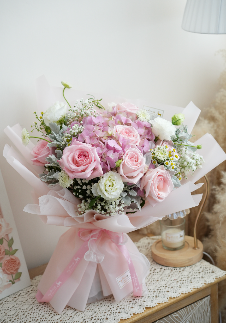 FQ044 - 韓式粉繡球玫瑰鮮花花束｜生日花束｜週年花束
