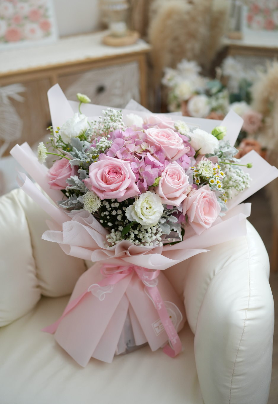 FQ044 - 韓式粉繡球玫瑰鮮花花束｜生日花束｜週年花束
