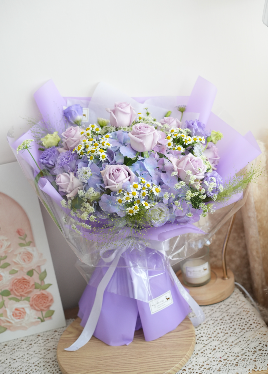 FQ046- 韓式紫色繡球碎淺紫玫瑰鮮花花束｜生日花束｜畢業花束｜升職榮休花束