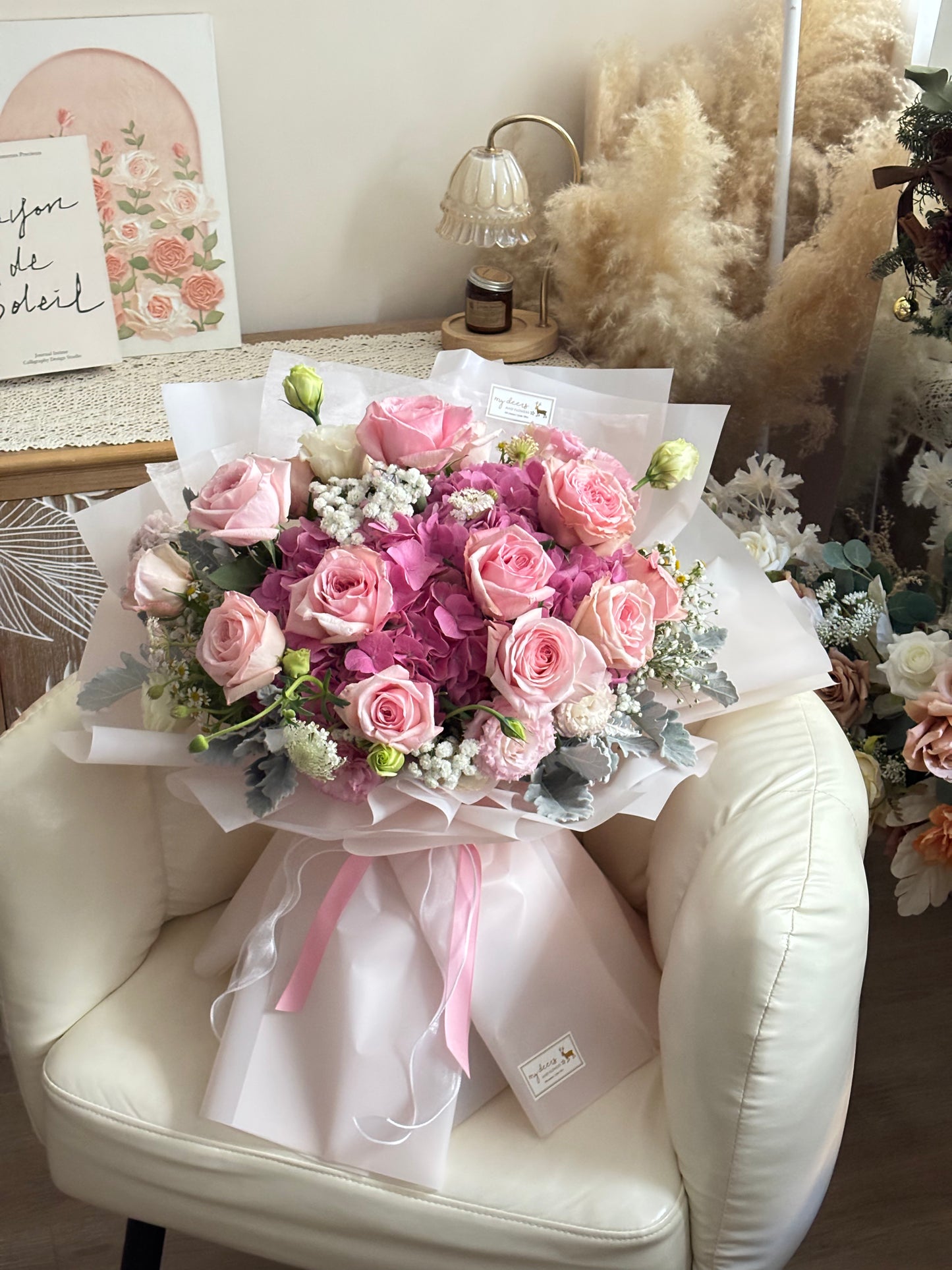 FQ044 - 韓式粉繡球玫瑰鮮花花束｜生日花束｜週年花束